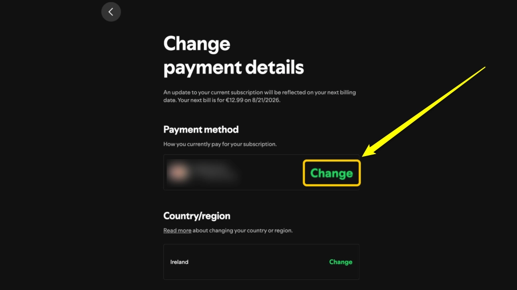 انتخاب گزینهی Change برای تغییر روش پرداخت اسپاتیفای
